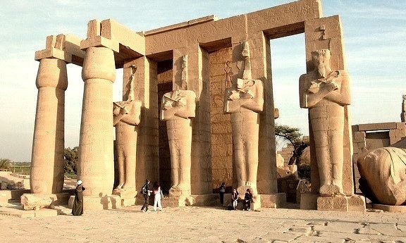 by Bharfot on Flickr.Ramesseum is the memorial temple of Pharaoh Ramses II. It is located in the Theban necropolis in Upper Egypt, across the River Nile from the modern city of Luxor.