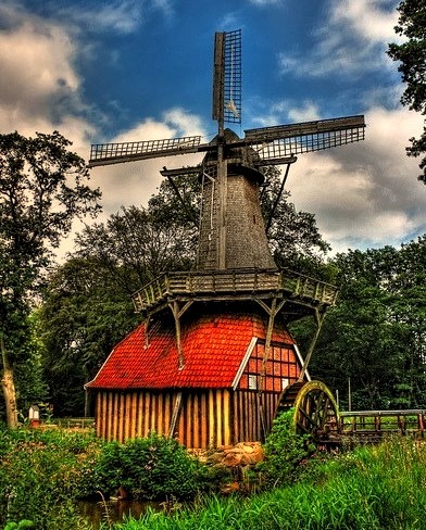 The combined windmill and water mill in Huven, Lower Saxony, Germany