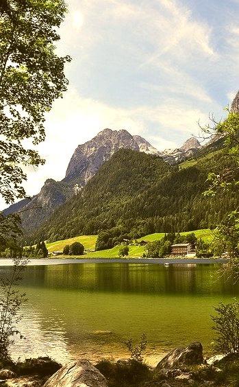 Idyllic alpine lake Hintersee in Bavaria, Germany
