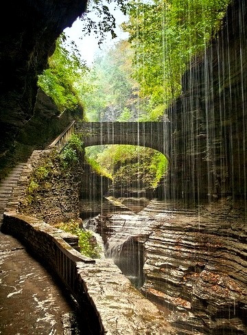 The path behind Rainbow Falls in Watkins Glen State Park, New York, USA