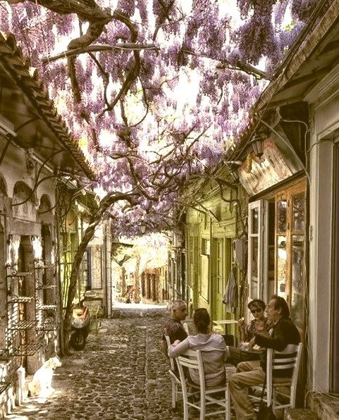 Idyllic street scene in Molyvos, Lesbos Island, Greece