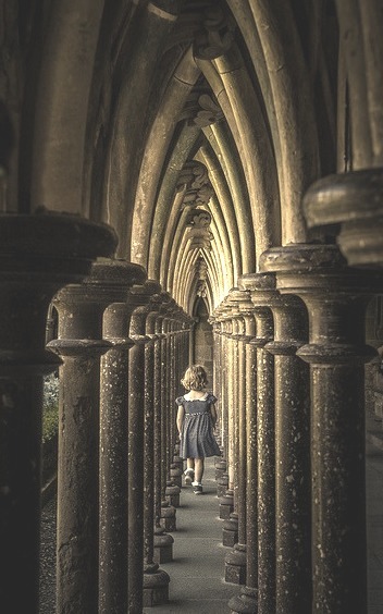 Through the cloister columns, Mont Saint-Michel Abbey / Normandy