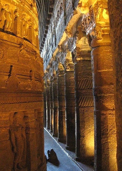 The great hall inside Ajanta Caves, Maharashtra, India