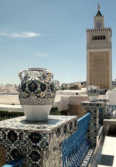 Ceramics and minarets in the old city of Tunis, Tunisia